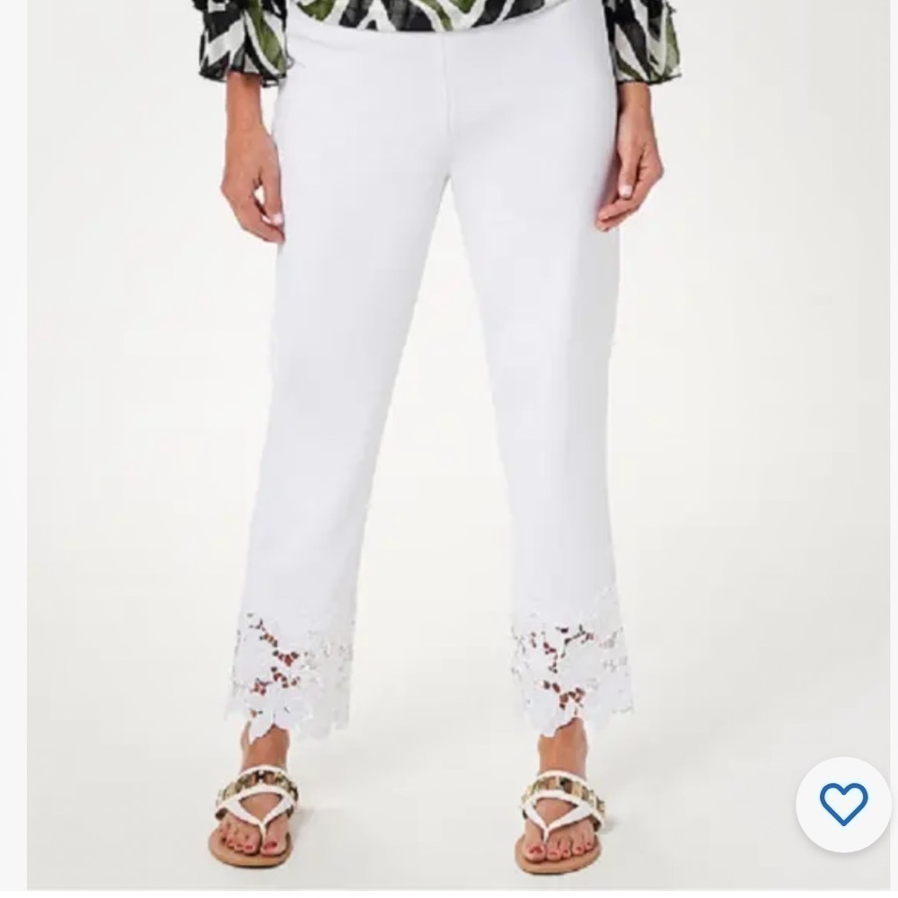 Dennis Basso Regular Luxe Crepe Slim-Leg Ankle Pants with Lace White Size XS